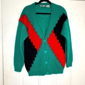 Vintage Knit Mohair Color Block Cardigan‎
